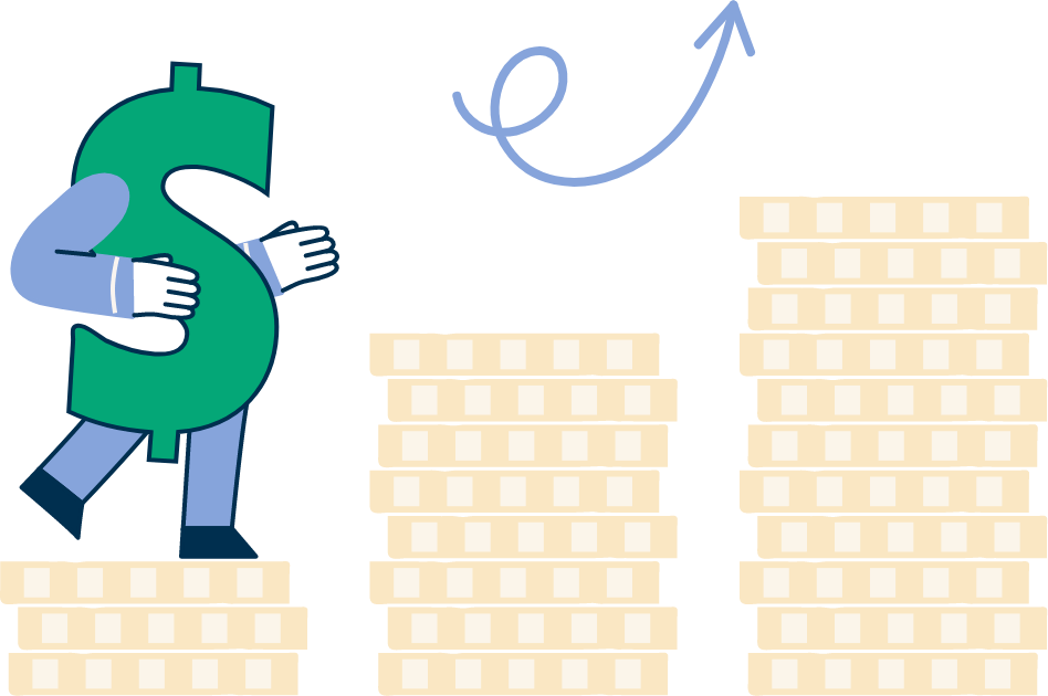 Illustration of three piles of coins with a dollar sign climbing up the piles like a set of stairs, with an arrow pointing up in the direction the dollar sign is climbing
