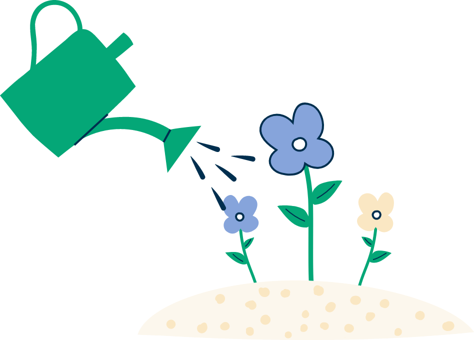 Illustration of flowers being watered by a watering can with three water droplets coming out of the spout