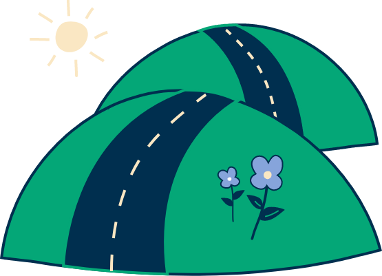 Illustration of two hills with a road over them, with some flowers on the hill and a sun in the background.