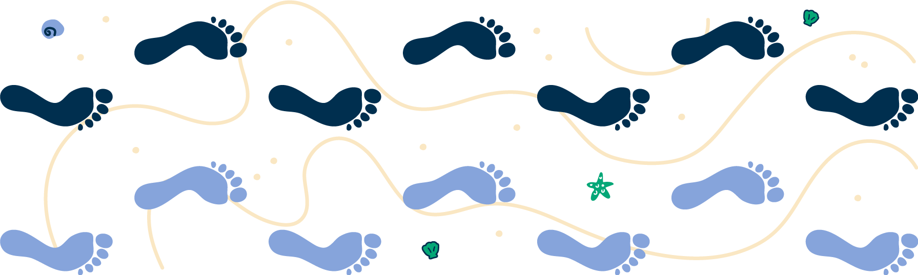 Illustration of two sets of footprints on the beach with sea shells and wavy lines that waves have made on the beach