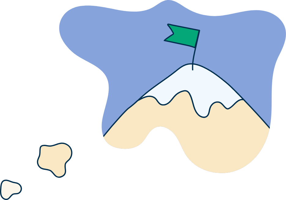 Illustration of three thought bubbles floating up, the largest bubble at the top has a mountain with a flag planted in the peak representing goals and visualising the future