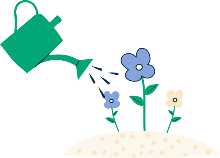Illustration of flowers being watered by a watering can with three water droplets coming out of the spout