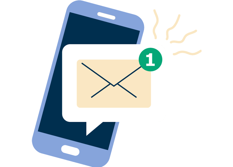 Illustration of a smart phone with an envelop on top and squiggly lines around it.